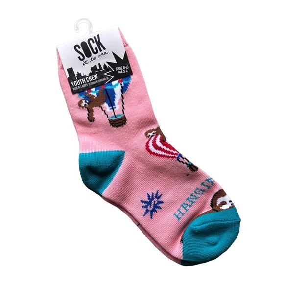 Sock It To Me Pink Hang In There Hot Air Balloon Sloth Youth Novelty Crew Socks - Picture 1 of 6